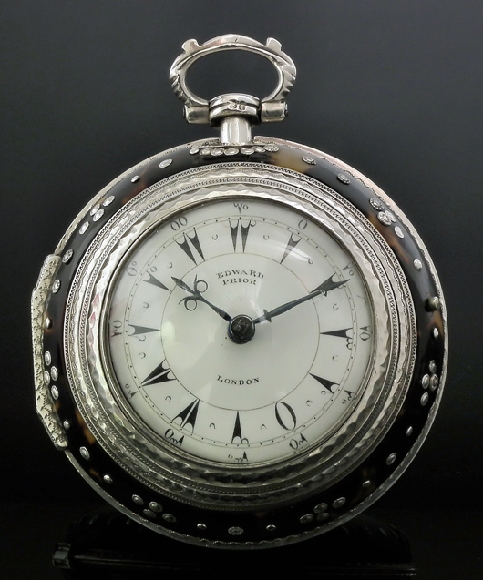 A bid of £3,100 ($4,700) secured this good 19th century silver and tortoiseshell covered triple-cased verge pocket watch made for the Turkish market by Edward Prior, London, 1866, which was one of the highlights of the Canterbury Auction Galleries sale on Feb. 12. Image courtesy Canterbury Auction Galleries.
